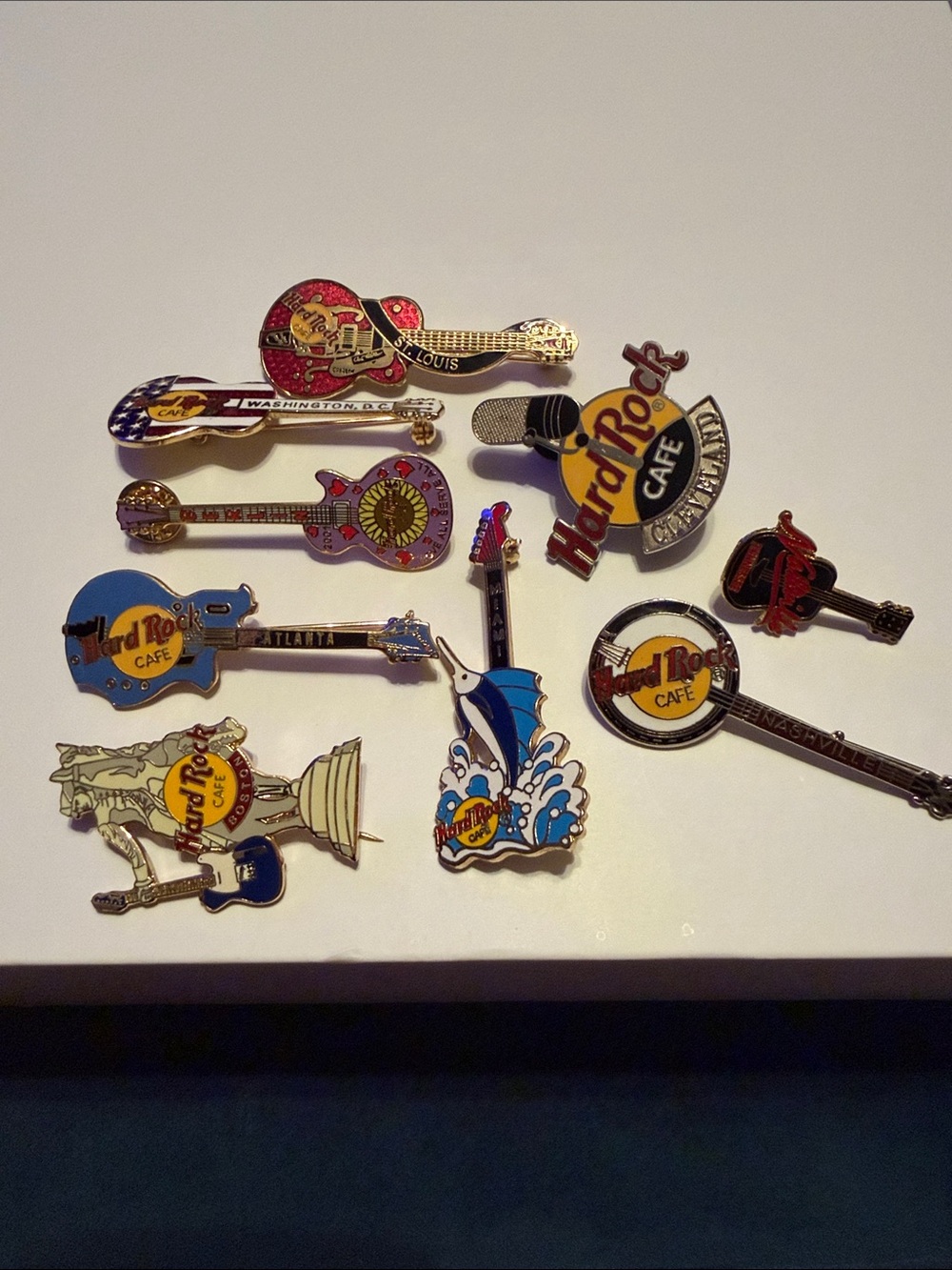 Collection of 9 Vintage Hardrock Cafe pins- Boston,Nashville,DC,Cleveland & More